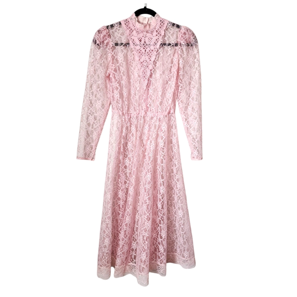 VINTAGE lace midi dress in powder Pink long sleeve sheer size‎ 3/4